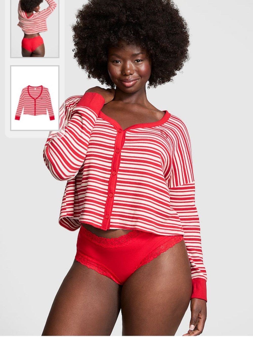 🦋 PINK Victoria's Secret Vermillion red stripes  thermal cropped cardigan pijama